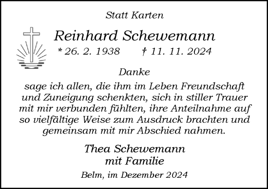 Traueranzeige von Reinhard Schewemann von Neue Osnabrücker Zeitung GmbH & Co. KG