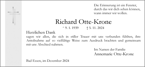 Traueranzeige von Richard Otte-Krone von Neue Osnabrücker Zeitung GmbH & Co. KG