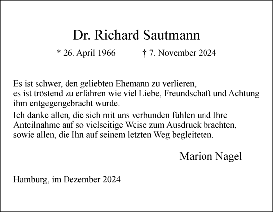 Traueranzeige von Richard Sautmann von Neue Osnabrücker Zeitung GmbH & Co. KG