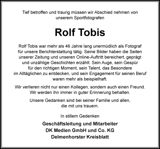 Traueranzeige von Rolf Tobis von DK Medien GmbH & Co. KG