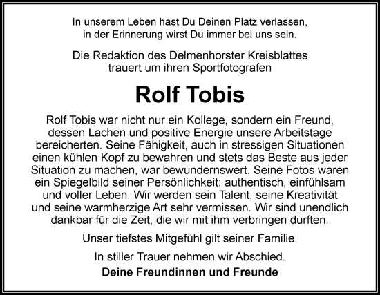 Traueranzeige von Rolf Tobis von DK Medien GmbH & Co. KG