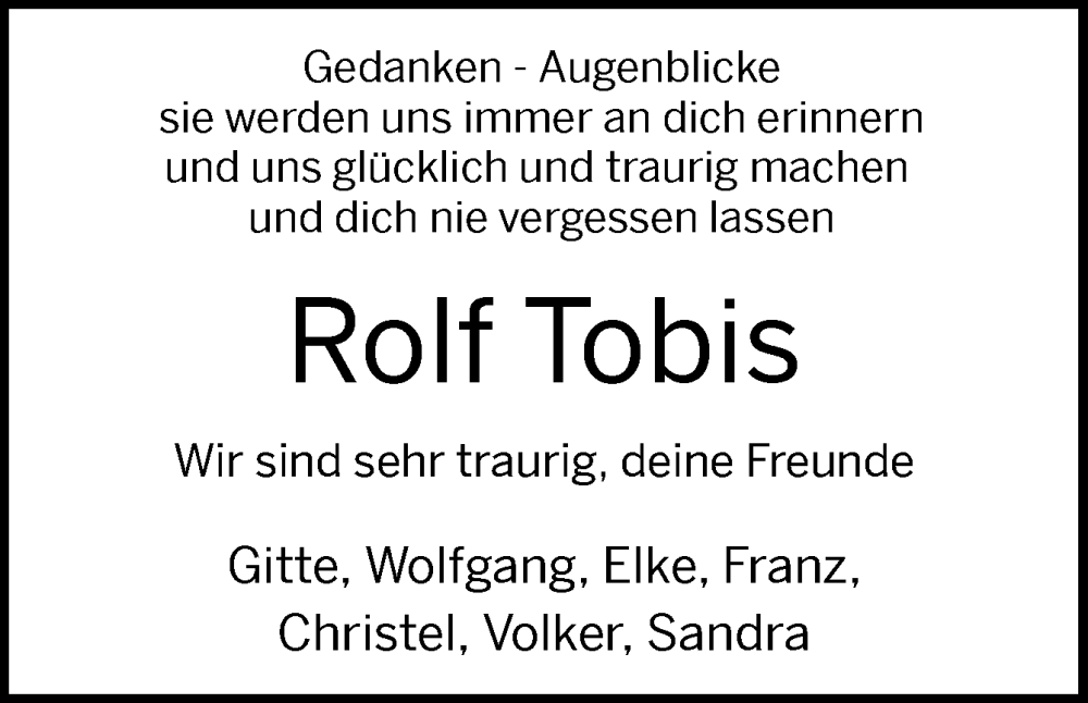  Traueranzeige für Rolf Tobis vom 28.12.2024 aus DK Medien GmbH & Co. KG