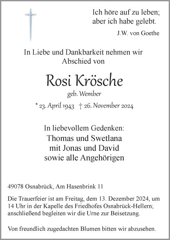 Traueranzeige von Rosi Krösche von Neue Osnabrücker Zeitung GmbH & Co. KG