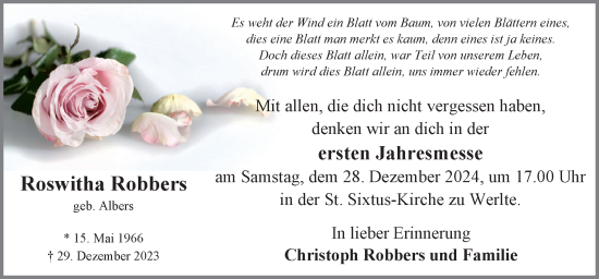 Traueranzeige von Roswitha Robbers von Neue Osnabrücker Zeitung GmbH & Co. KG