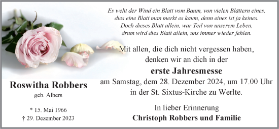 Traueranzeige von Roswitha Robbers von Neue Osnabrücker Zeitung GmbH & Co. KG