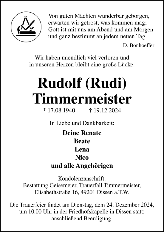 Traueranzeige von Rudolf Timmermeister von Neue Osnabrücker Zeitung GmbH & Co. KG