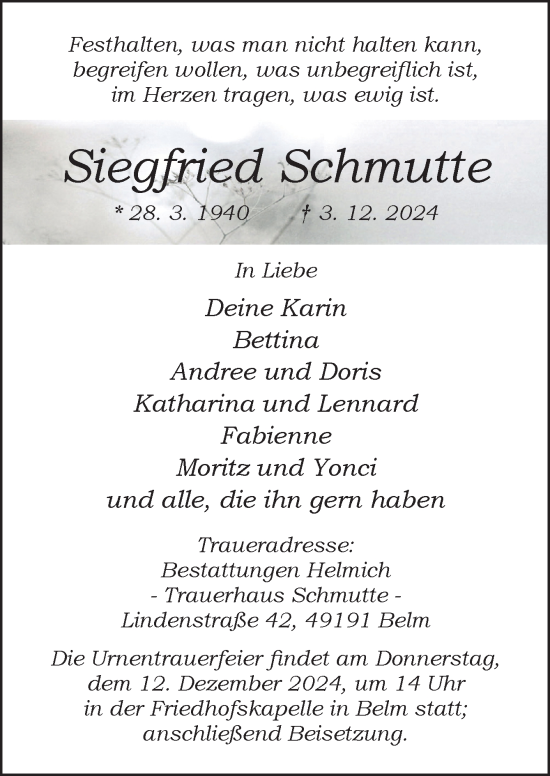 Traueranzeige von Siegfried Schmutte von Neue Osnabrücker Zeitung GmbH & Co. KG