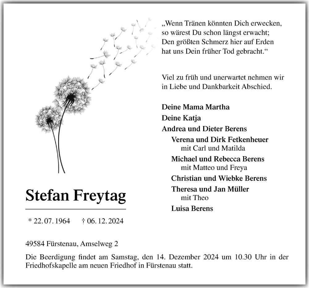  Traueranzeige für Stefan Freytag vom 10.12.2024 aus Neue Osnabrücker Zeitung GmbH & Co. KG