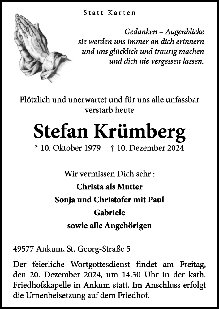  Traueranzeige für Stefan Krümberg vom 14.12.2024 aus Neue Osnabrücker Zeitung GmbH & Co. KG