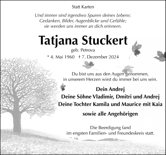 Traueranzeige von Tatjana Stuckert von Neue Osnabrücker Zeitung GmbH & Co. KG