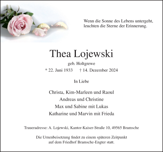 Traueranzeige von Thea Lojewski von Neue Osnabrücker Zeitung GmbH & Co. KG