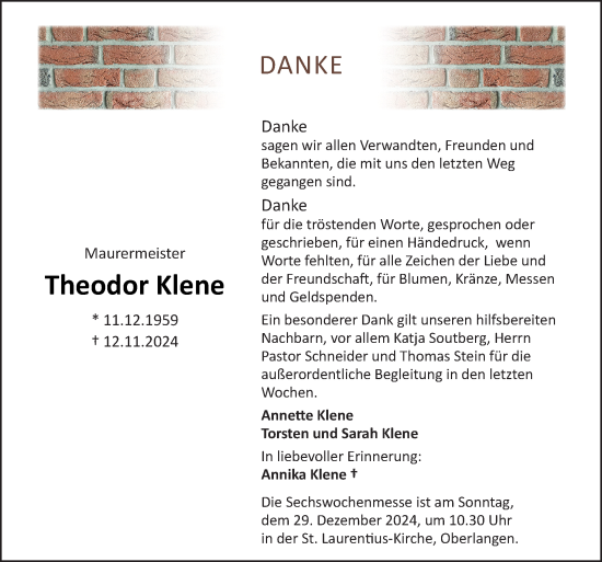 Traueranzeige von Theodor Klene von Neue Osnabrücker Zeitung GmbH & Co. KG
