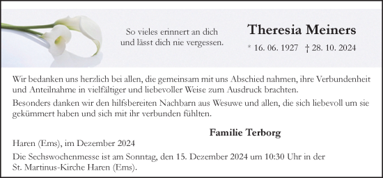 Traueranzeige von Theresia Meiners von Neue Osnabrücker Zeitung GmbH & Co. KG