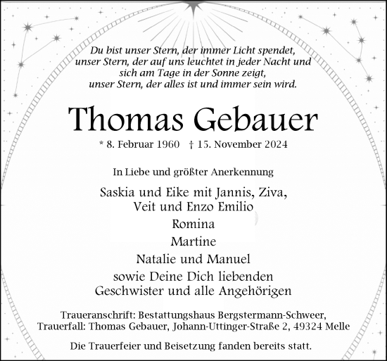 Traueranzeige von Thomas Gebauer von Neue Osnabrücker Zeitung GmbH & Co. KG