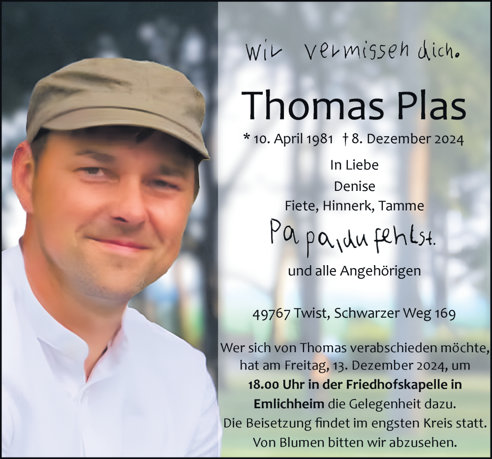  Traueranzeige für Thomas Plas vom 12.12.2024 aus Neue Osnabrücker Zeitung GmbH & Co. KG
