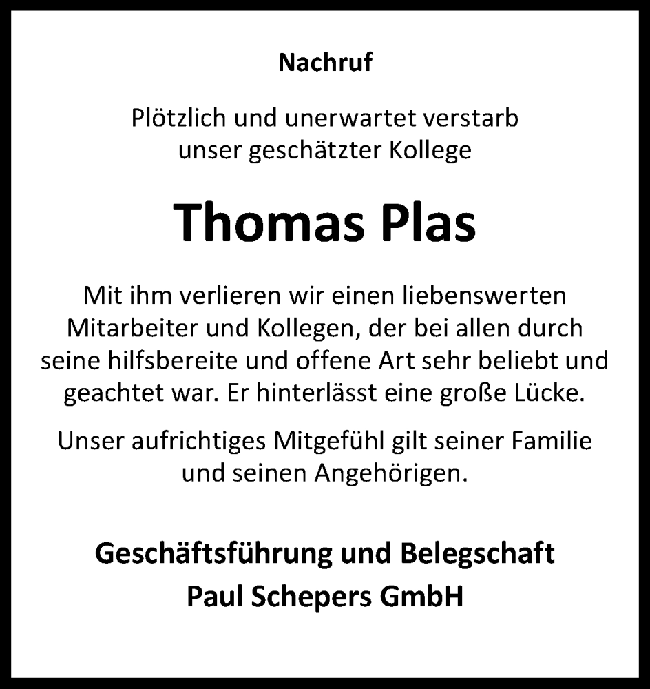  Traueranzeige für Thomas Plas vom 14.12.2024 aus Neue Osnabrücker Zeitung GmbH & Co. KG