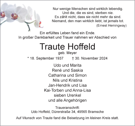 Traueranzeige von Traute Hoffeld von Neue Osnabrücker Zeitung GmbH & Co. KG