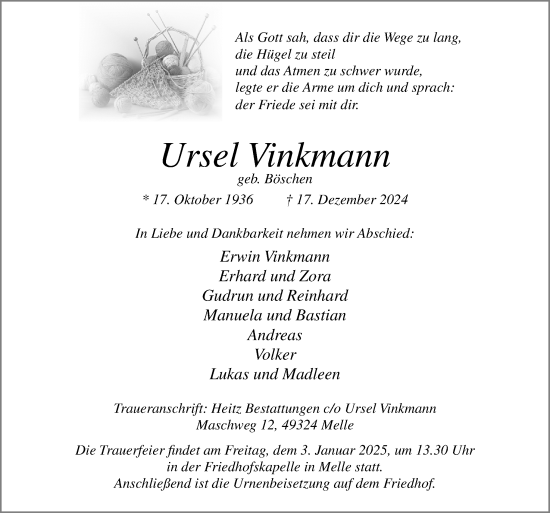 Traueranzeige von Ursel Vinkmann von Neue Osnabrücker Zeitung GmbH & Co. KG