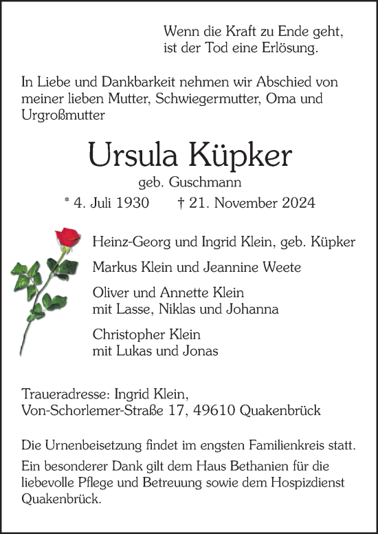Traueranzeige von Ursula Küpker von Neue Osnabrücker Zeitung GmbH & Co. KG