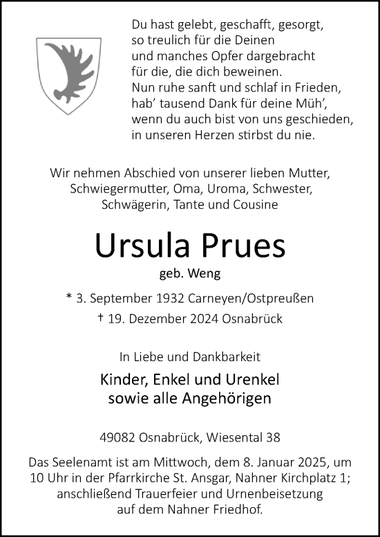 Traueranzeige von Ursula Prues von Neue Osnabrücker Zeitung GmbH & Co. KG