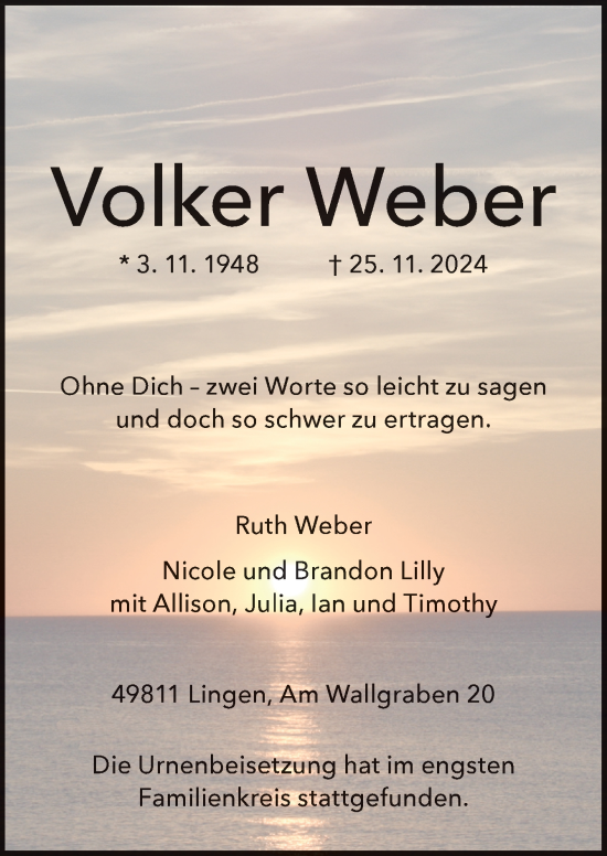 Traueranzeige von Volker Weber von Neue Osnabrücker Zeitung GmbH & Co. KG