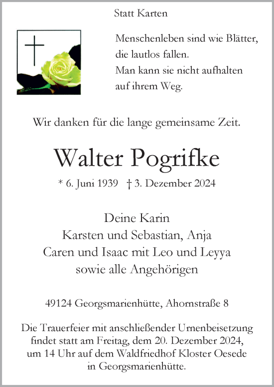 Traueranzeige von Walter Pogrifke von Neue Osnabrücker Zeitung GmbH & Co. KG