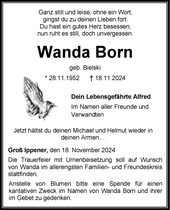 Traueranzeige von Wanda Born von DK Medien GmbH & Co. KG