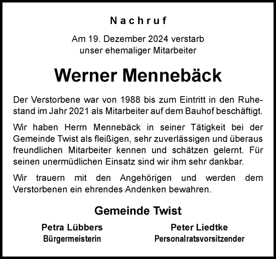 Traueranzeige von Werner Mennebäck von Neue Osnabrücker Zeitung GmbH & Co. KG