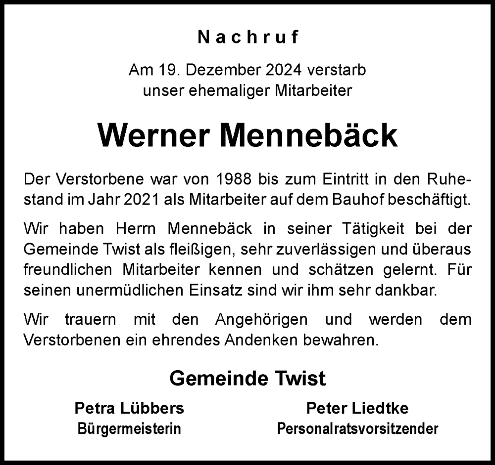  Traueranzeige für Werner Mennebäck vom 23.12.2024 aus Neue Osnabrücker Zeitung GmbH & Co. KG
