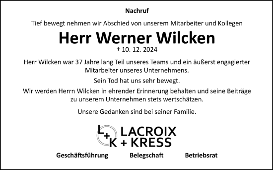 Traueranzeige von Werner Wilcken von Neue Osnabrücker Zeitung GmbH & Co. KG