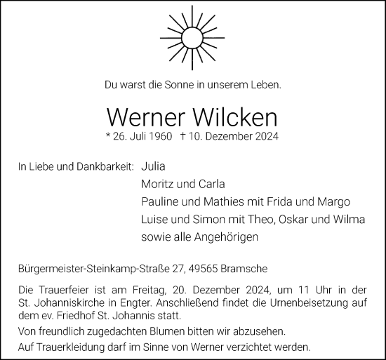 Traueranzeige von Werner Wilcken von Neue Osnabrücker Zeitung GmbH & Co. KG