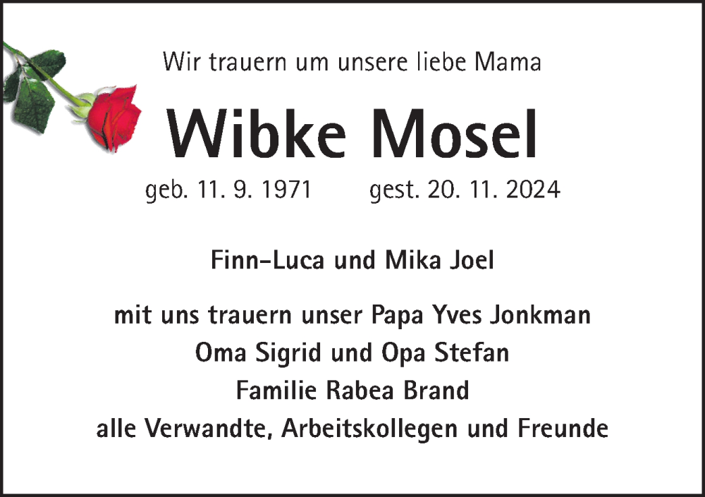  Traueranzeige für Wibke Mosel vom 14.12.2024 aus Neue Osnabrücker Zeitung GmbH & Co. KG