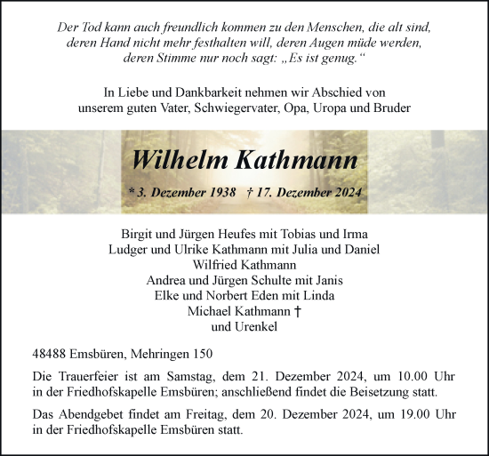 Traueranzeige von Wilhelm Kathmann von Neue Osnabrücker Zeitung GmbH & Co. KG