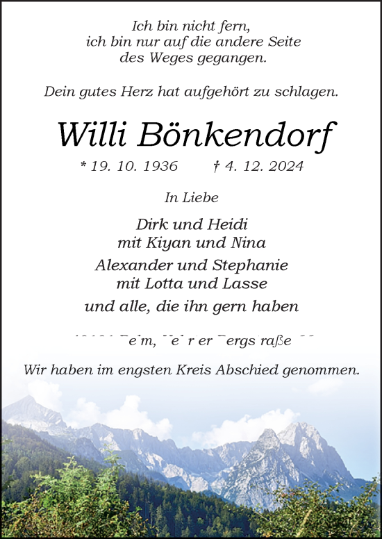 Traueranzeige von Willi Bönkendorf von Neue Osnabrücker Zeitung GmbH & Co. KG