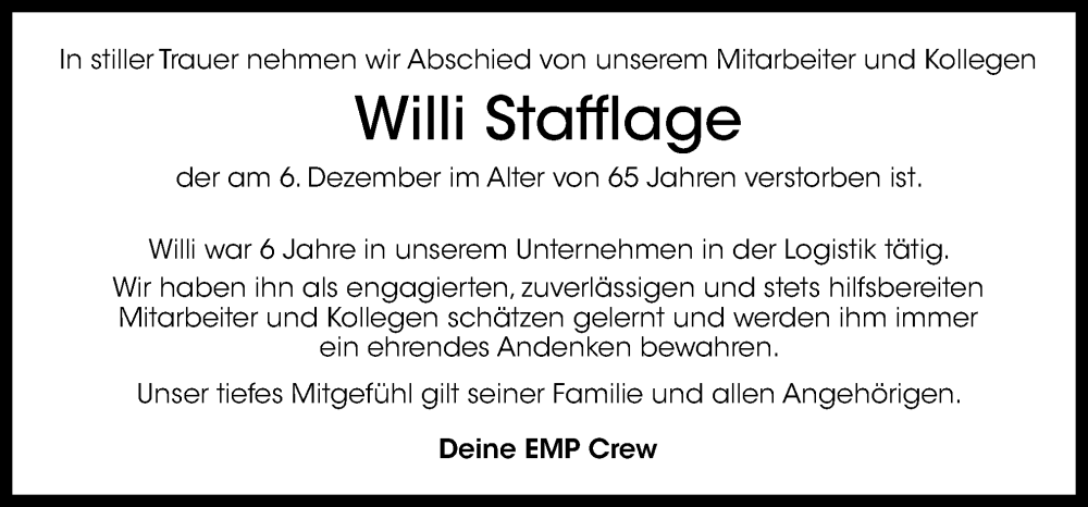  Traueranzeige für Willi Stafflage vom 16.12.2024 aus Neue Osnabrücker Zeitung GmbH & Co. KG