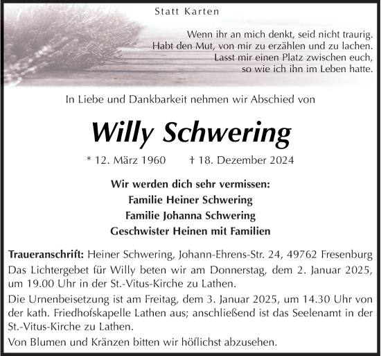 Traueranzeige von Willy Schwering von Neue Osnabrücker Zeitung GmbH & Co. KG