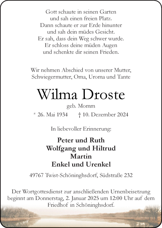 Traueranzeige von Wilma Droste von Neue Osnabrücker Zeitung GmbH & Co. KG