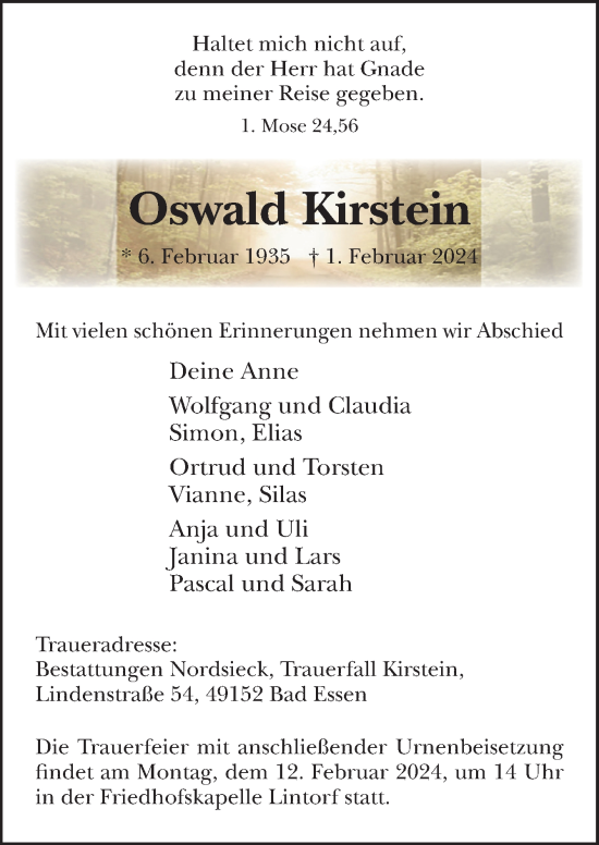 Traueranzeige von Oswald Kirstein von Neue Osnabrücker Zeitung GmbH & Co. KG