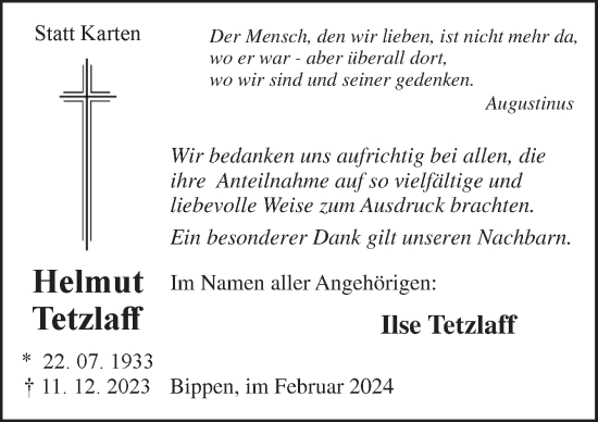 Traueranzeige von Helmut Tetzlaff von Neue Osnabrücker Zeitung GmbH & Co. KG