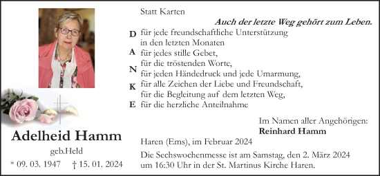 Traueranzeige von Adelheid Hamm von Neue Osnabrücker Zeitung GmbH & Co. KG