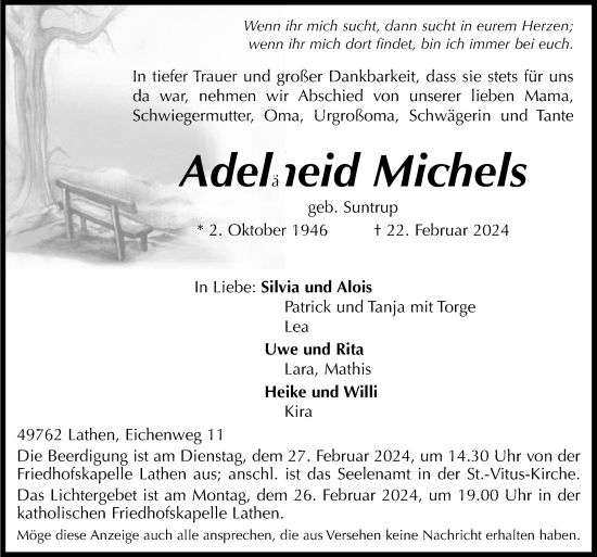 Traueranzeige von Adelheid Michels von Neue Osnabrücker Zeitung GmbH & Co. KG