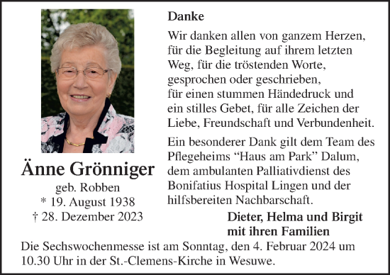 Traueranzeige von Änne Grönniger von Neue Osnabrücker Zeitung GmbH & Co. KG