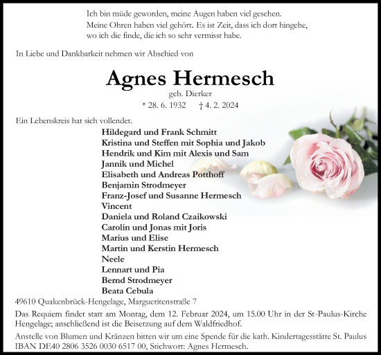 Traueranzeige von Agnes Hermesch von Neue Osnabrücker Zeitung GmbH & Co. KG