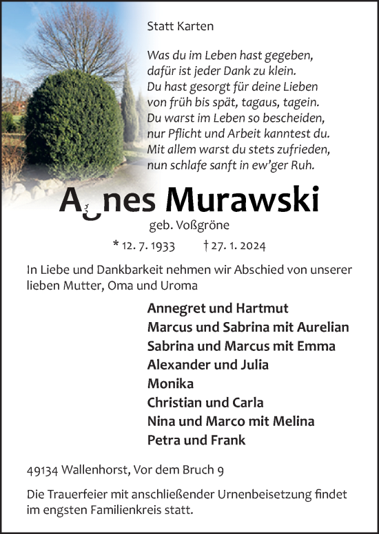 Traueranzeige von Agnes Murawski von Neue Osnabrücker Zeitung GmbH & Co. KG