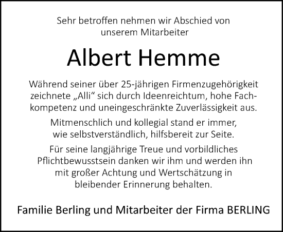 Traueranzeige von Albert Hemme von Neue Osnabrücker Zeitung GmbH & Co. KG