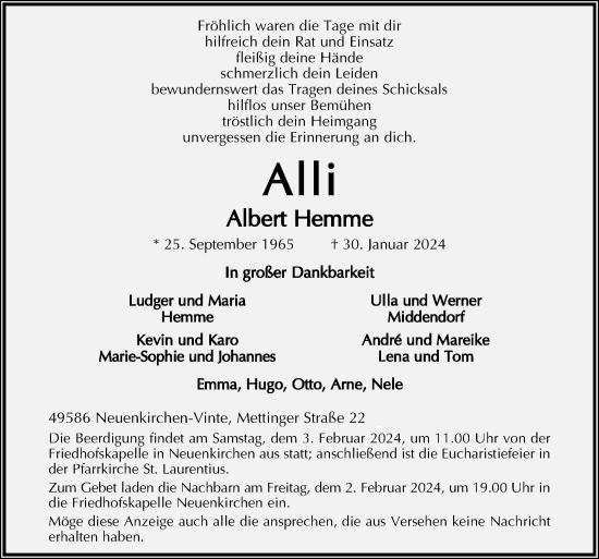 Traueranzeige von Albert Hemme von Neue Osnabrücker Zeitung GmbH & Co. KG