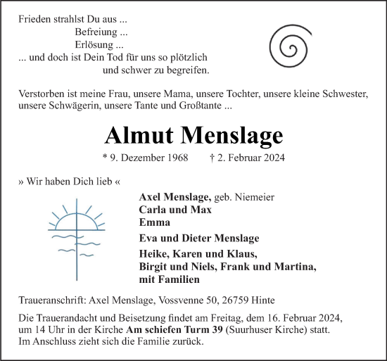 Traueranzeige von Almut Menslage von Neue Osnabrücker Zeitung GmbH & Co. KG