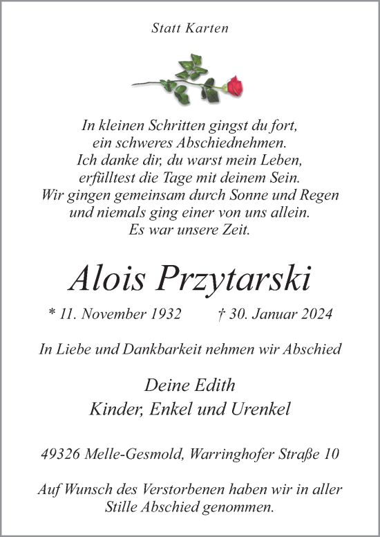 Traueranzeige von Alois Przytarski von Neue Osnabrücker Zeitung GmbH & Co. KG