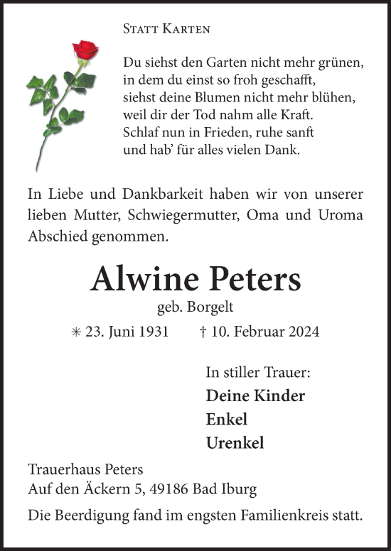 Traueranzeige von Alwine Peters von Neue Osnabrücker Zeitung GmbH & Co. KG