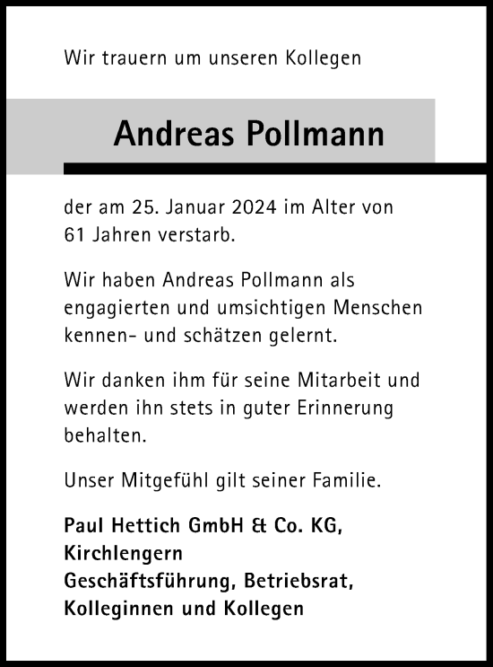 Traueranzeige von Andreas Pollmann von Neue Osnabrücker Zeitung GmbH & Co. KG